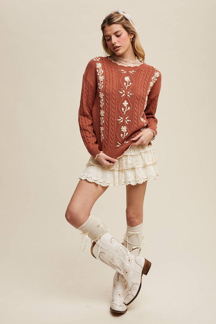 Autumn Garden Cable Knit Sweater in Terracotta