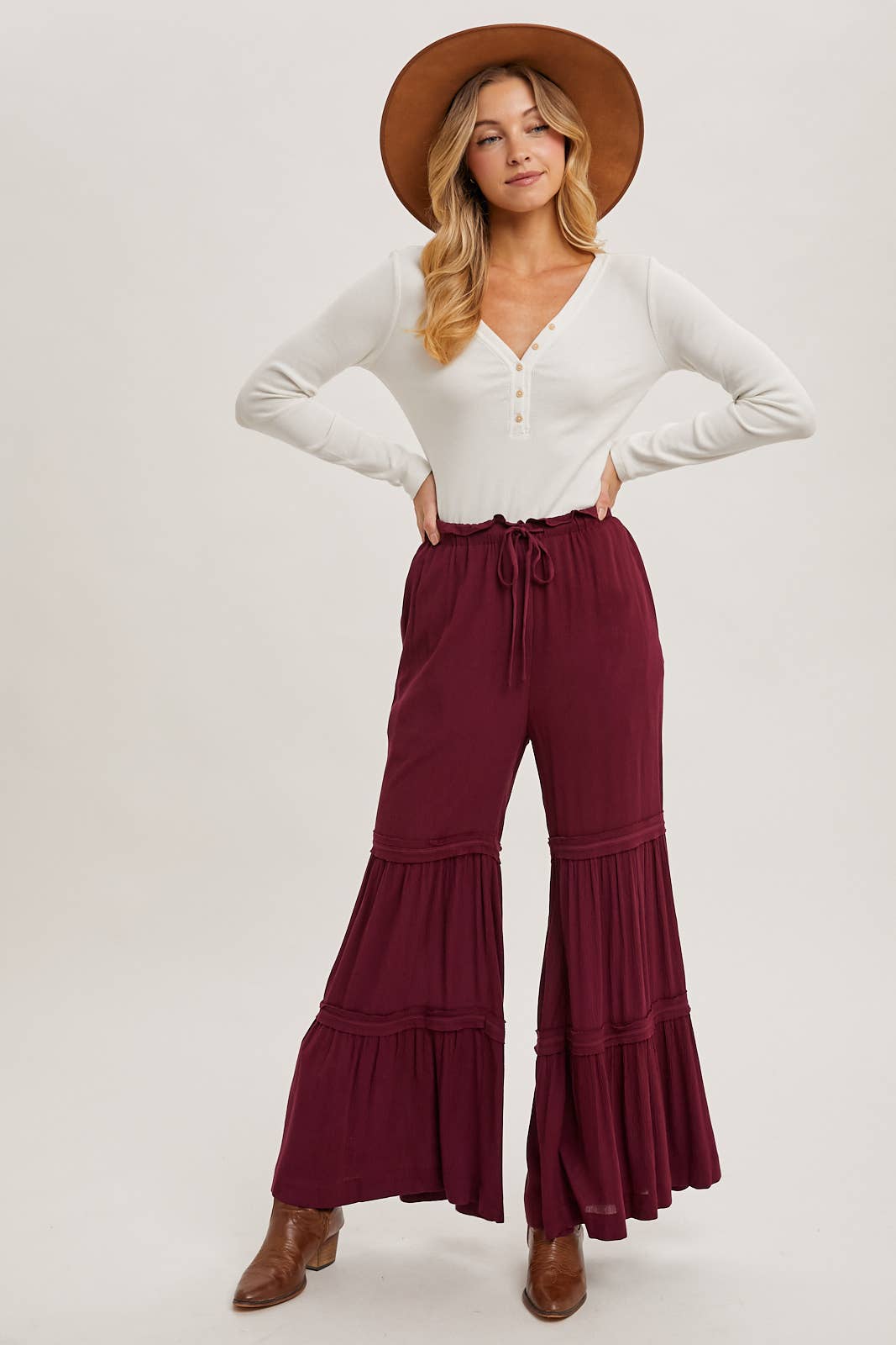 DRAWSTRING WAIST TIERED PALAZZO PANTS