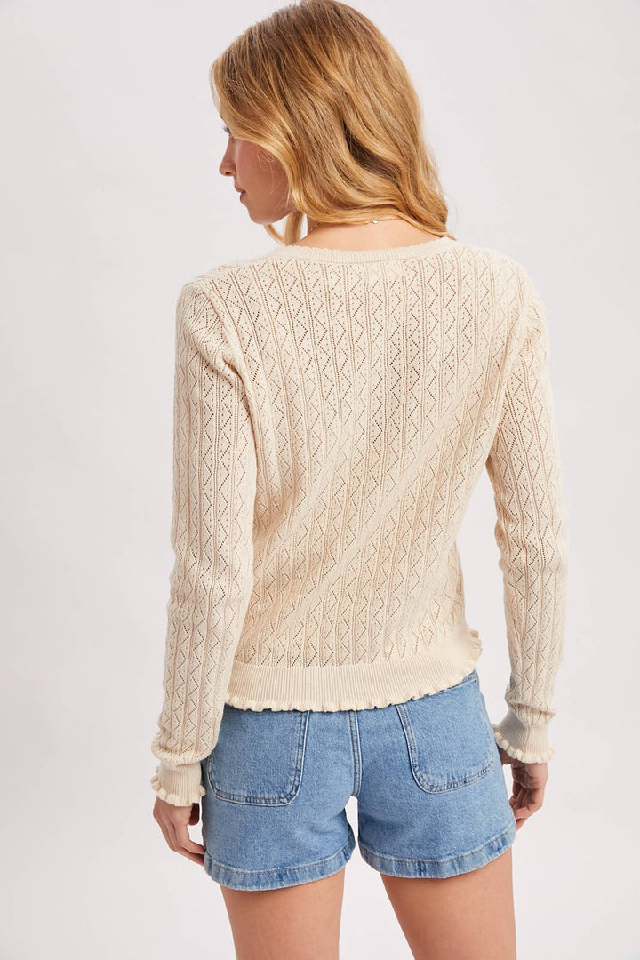 Pointelle Knit Button Down Cardi - Natural