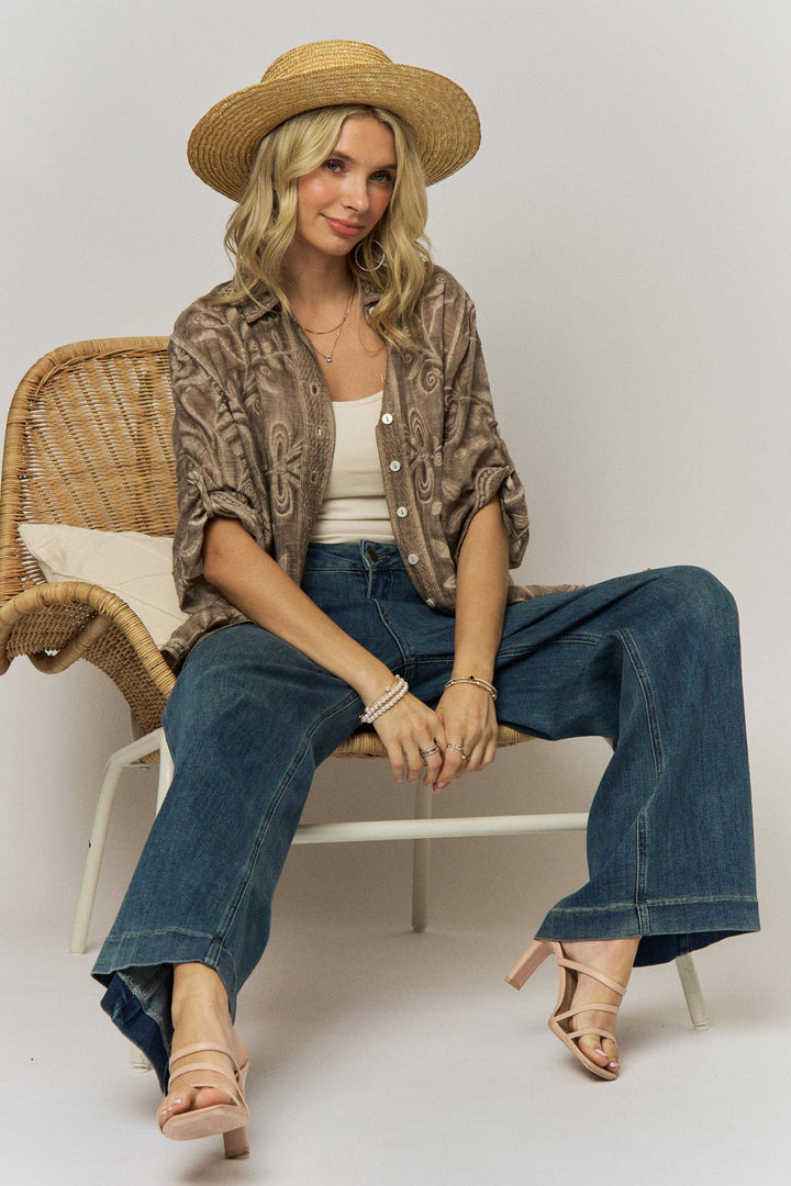 Wildflower Wanderer Mocha Button-Down Blouse