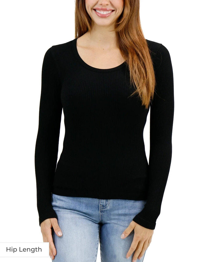 Grace and Lace Hip Length Scoop Neck Long Sleeve Brami in Black