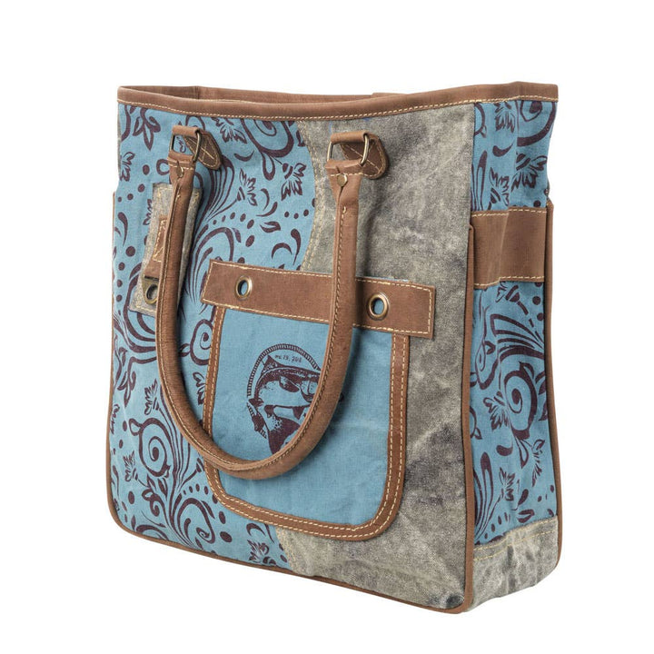 Blue And Brown With Fish Canvas Tote