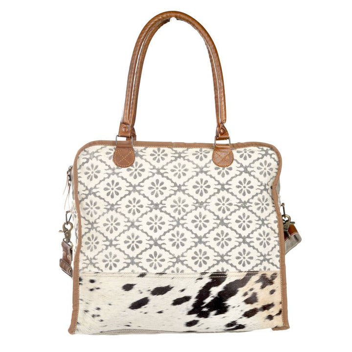 Mixed Fabrics With Cowhide Trim Tote Bag