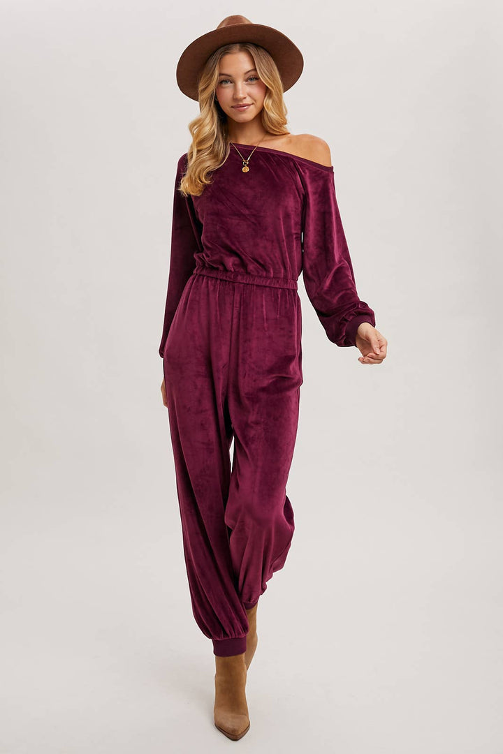 VELVET ONE SHOULDER BOAT NECK JUMPSUIT