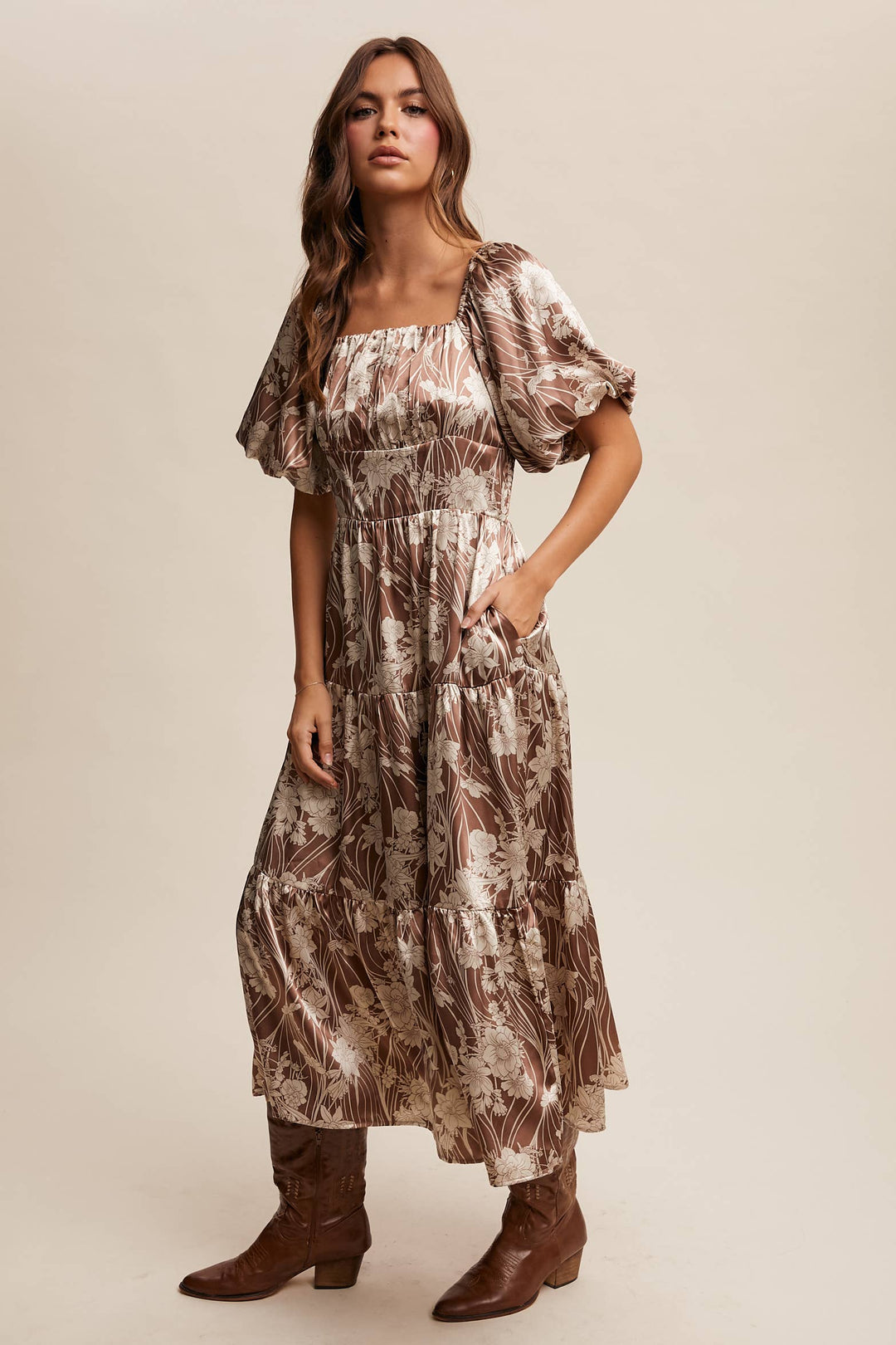 Enchanted Satin Blossom Puff Sleeve Midi Dress