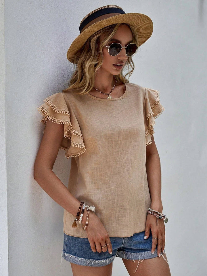 Women's Casual Ruffle Sleeve Round-Neck Summer Blouse - Khaki