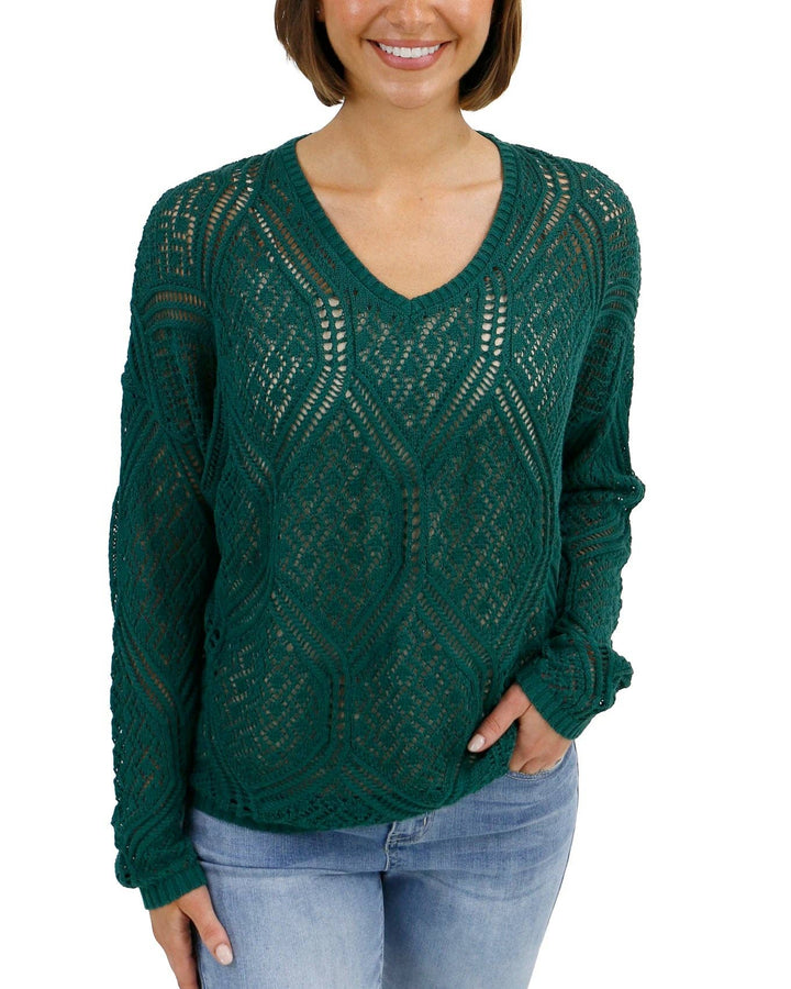 V-Neck Pointelle Sweater in Jade Green