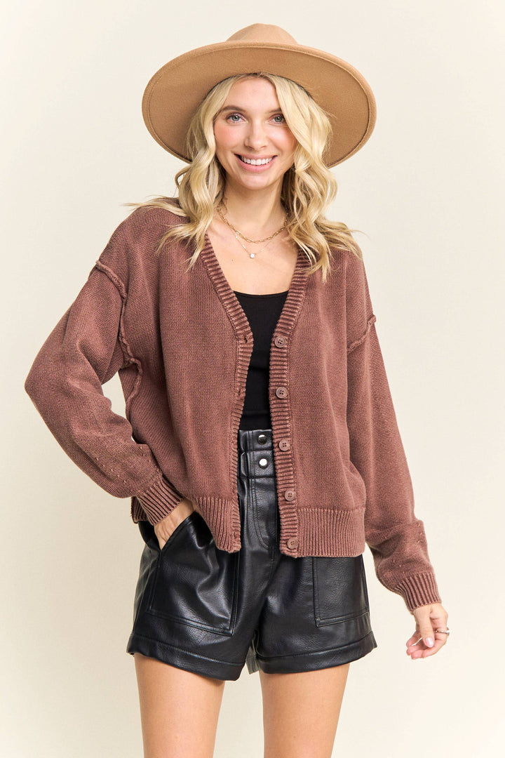 Knit Happens Button-Up Cardigan - Brown