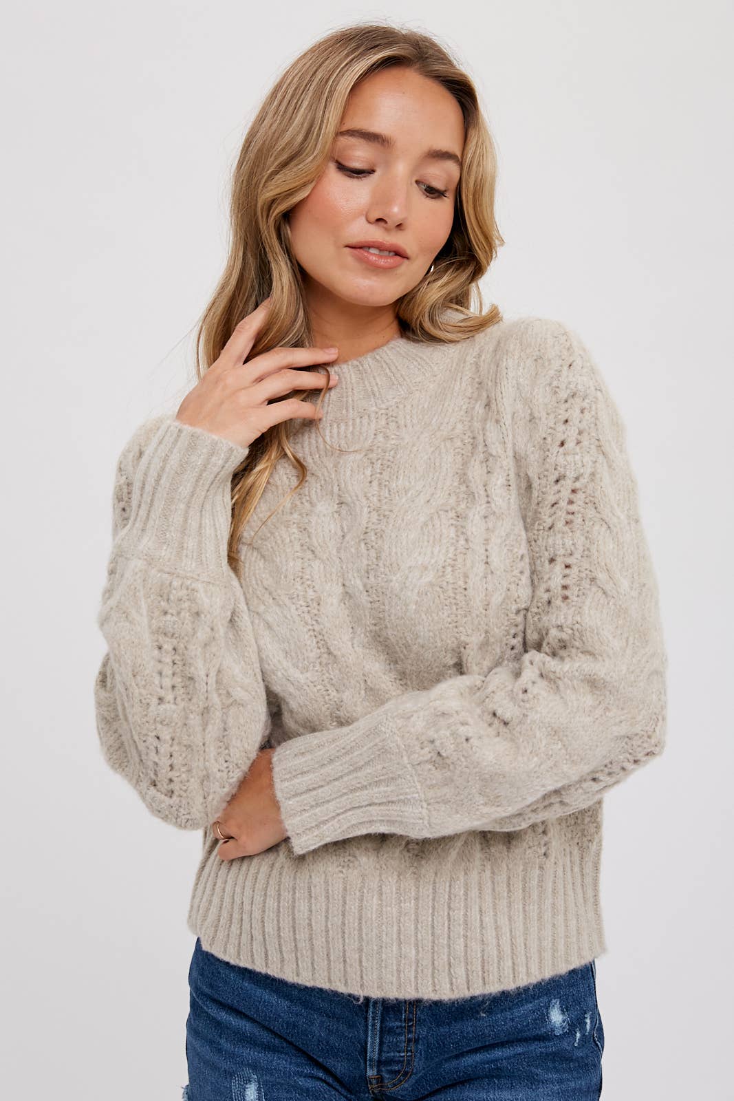 PUFF SLEEVES CABLE PULLOVER-Lavender