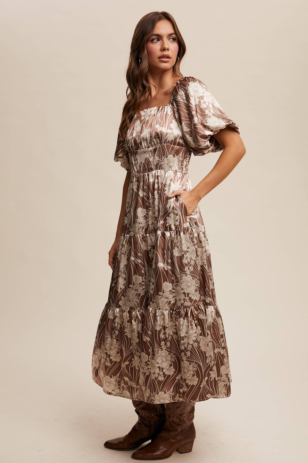 Enchanted Satin Blossom Puff Sleeve Midi Dress