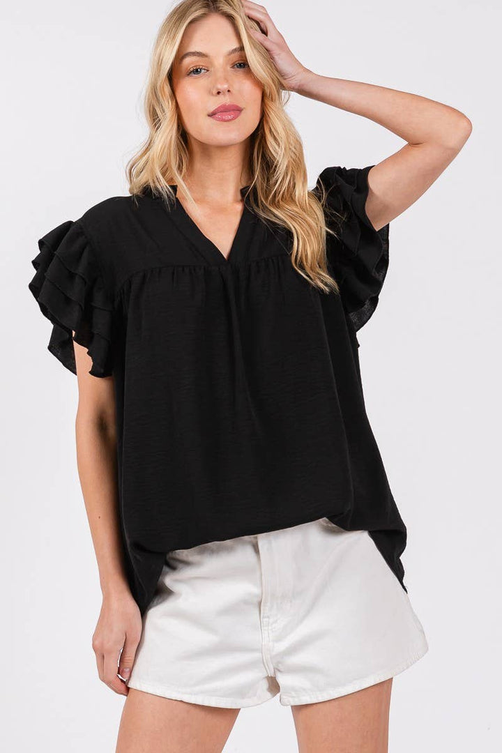 AIRFLOW OVERSIZED RUFFLE SLEEVE BLOUSE - BURGUNDY
