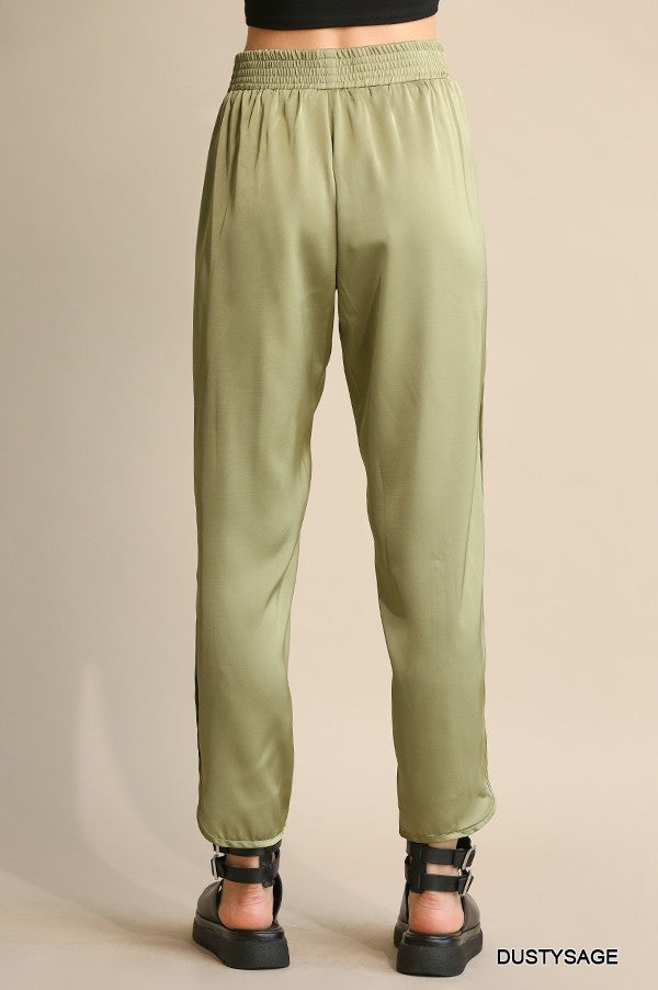 Solid Satin & Elastic Waist Pants W/Side Slits & Pock- In Dusty Sage