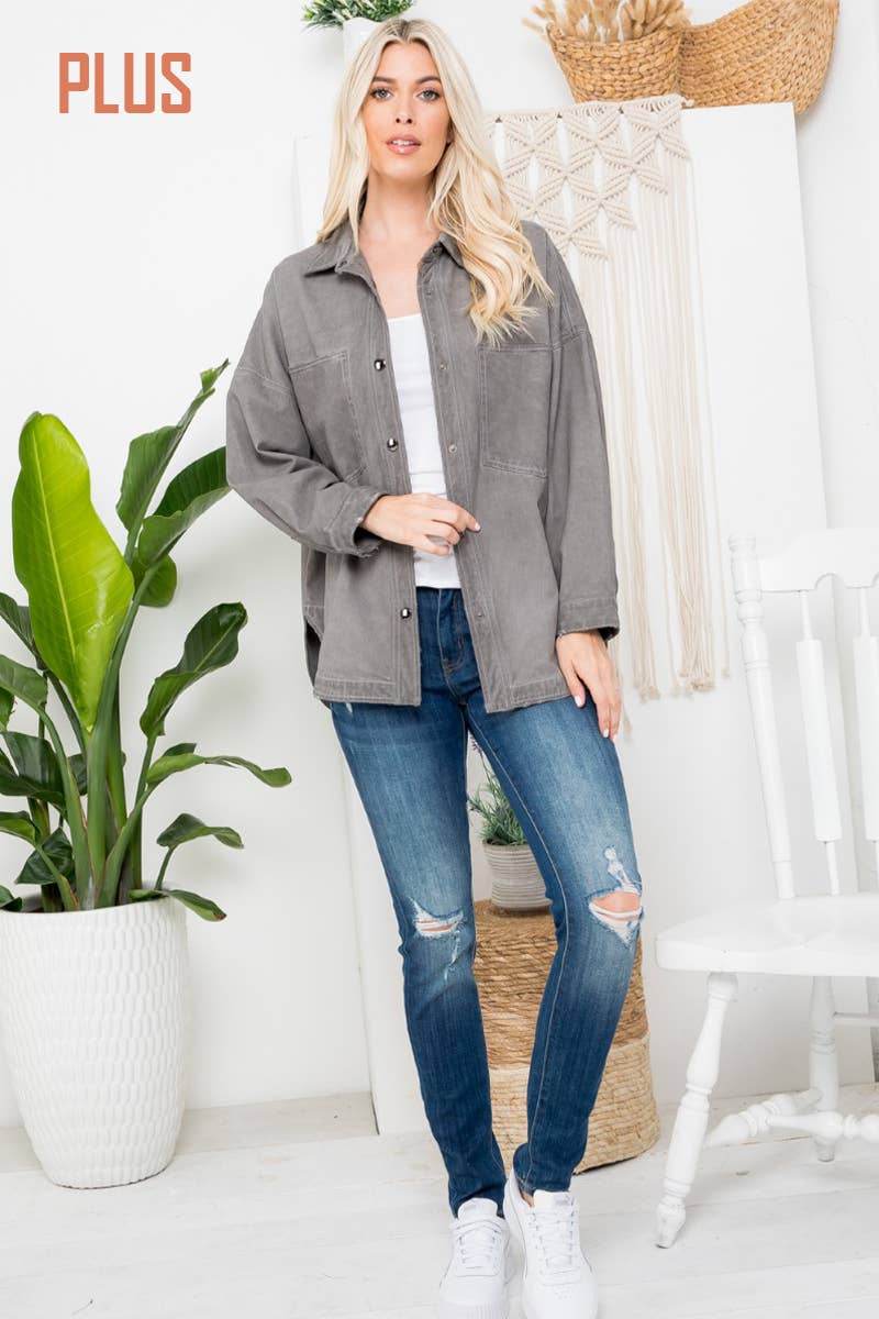 PLUS SIZE MINERAL WASHED DENIM SHACKET -Ash Grey