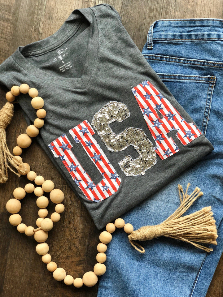 Handmade USA Stars and Stripes V-neck Tee