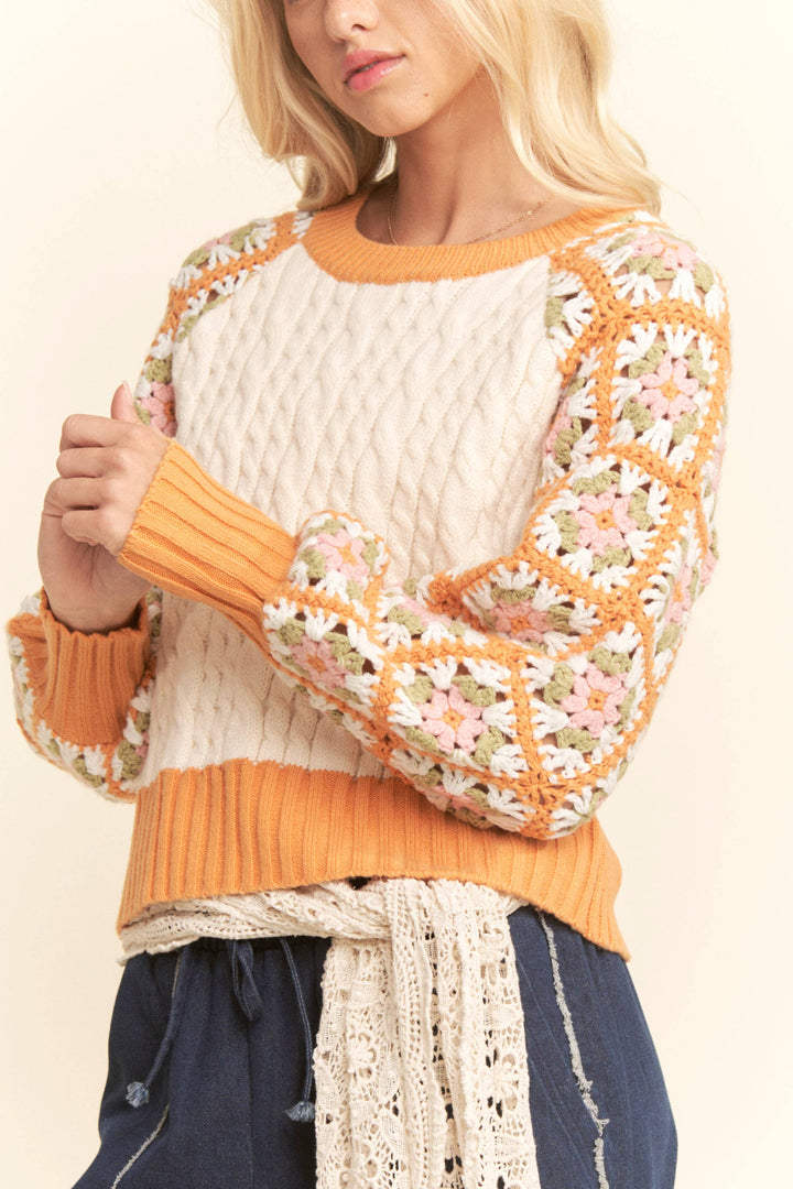 Boho Bloom Crochet Sleeve Cable Knit Sweater - Orange/Cream