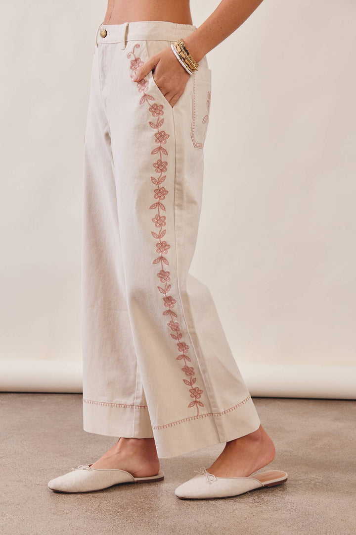 Floral Embroidered Cropped Ecru Wide-Leg Pants
