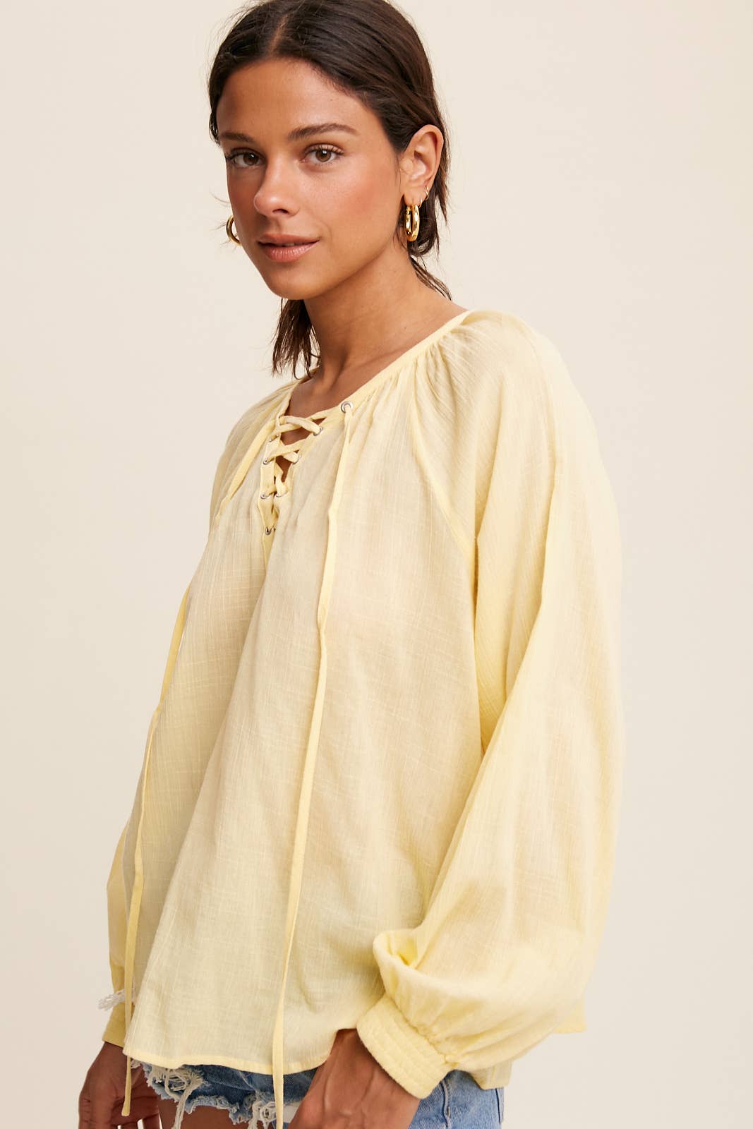 Lace-Up Gauze Peasant Blouse - Lemon Vanilla