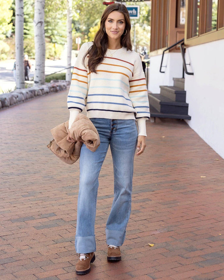 Crew Neck Striped Sweater in Ivory-Multi Stripe