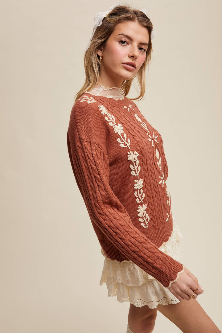 Autumn Garden Cable Knit Sweater in Terracotta