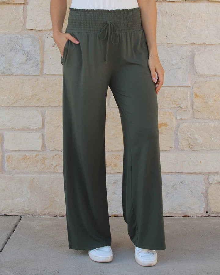 Smocked Wide Leg Lounge Pants in Olive