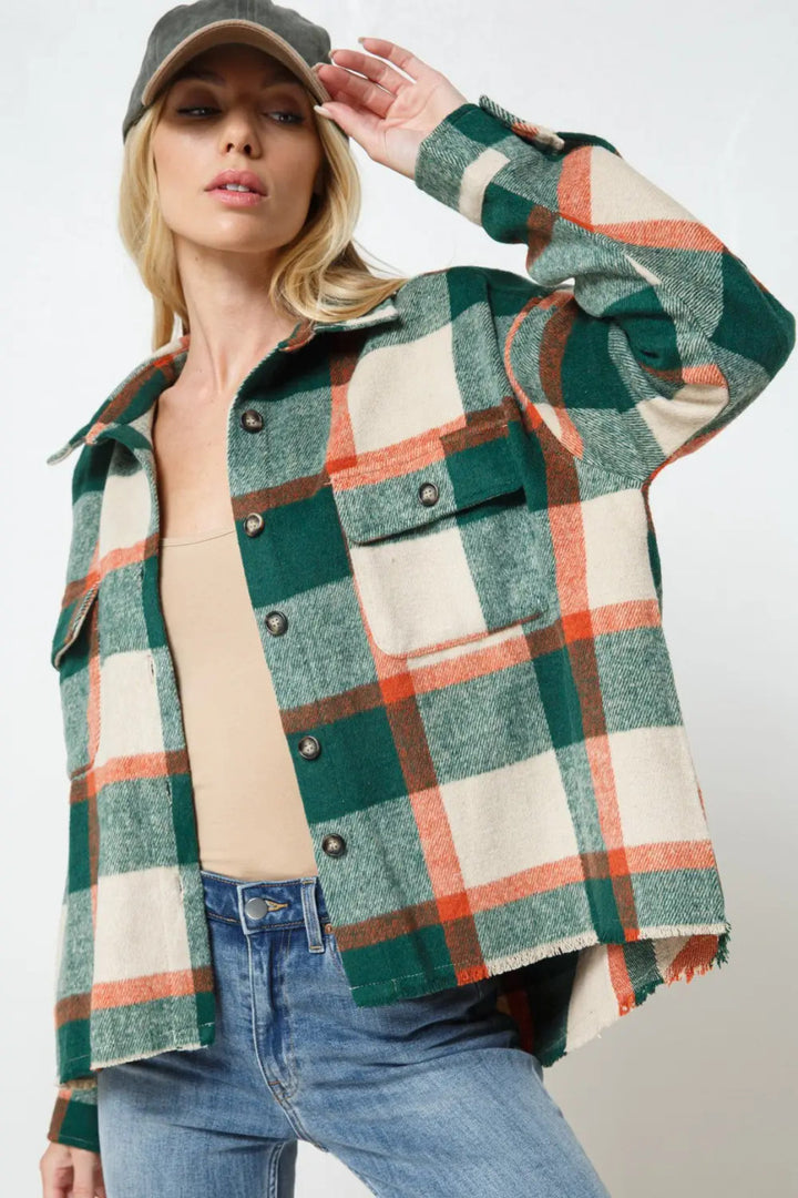 Cropped Frayed Button Up Flannel Shacket - Hunter Green