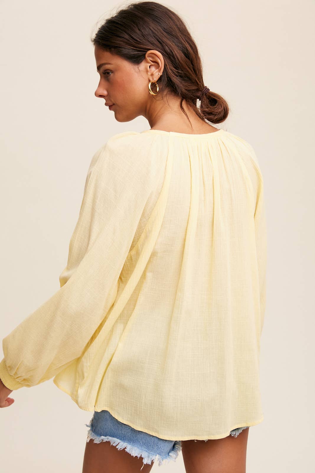Lace-Up Gauze Peasant Blouse - Lemon Vanilla