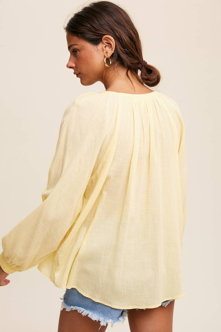 Lace-Up Gauze Peasant Blouse - Lemon Vanilla