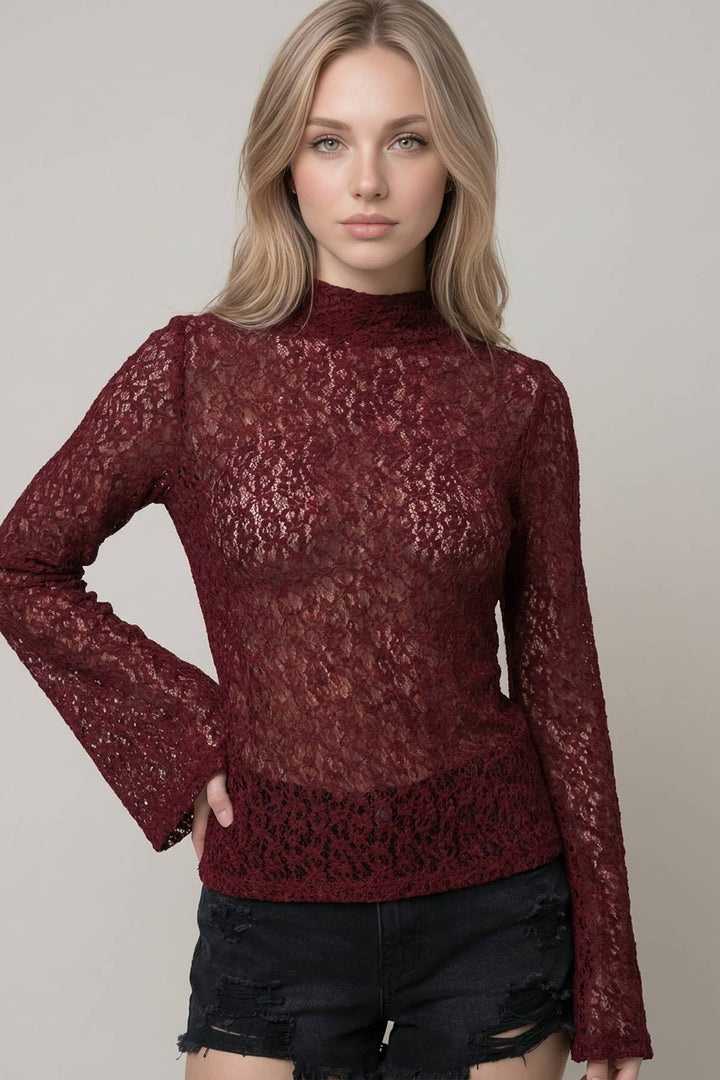 Laced with Love Mock Neck Top - Wine