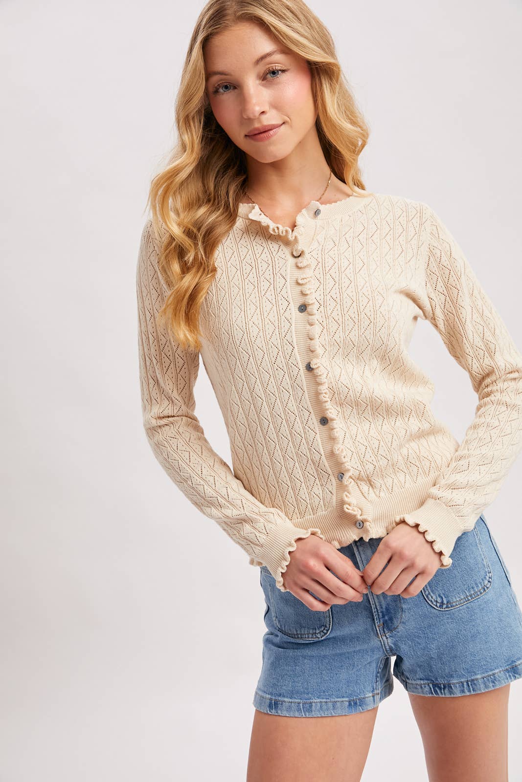 Pointelle Knit Button Down Cardi - Natural
