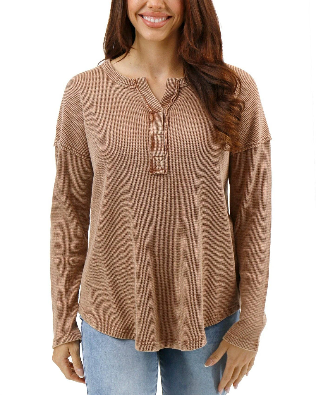 Mineral Washed Waffle Henley in Copper