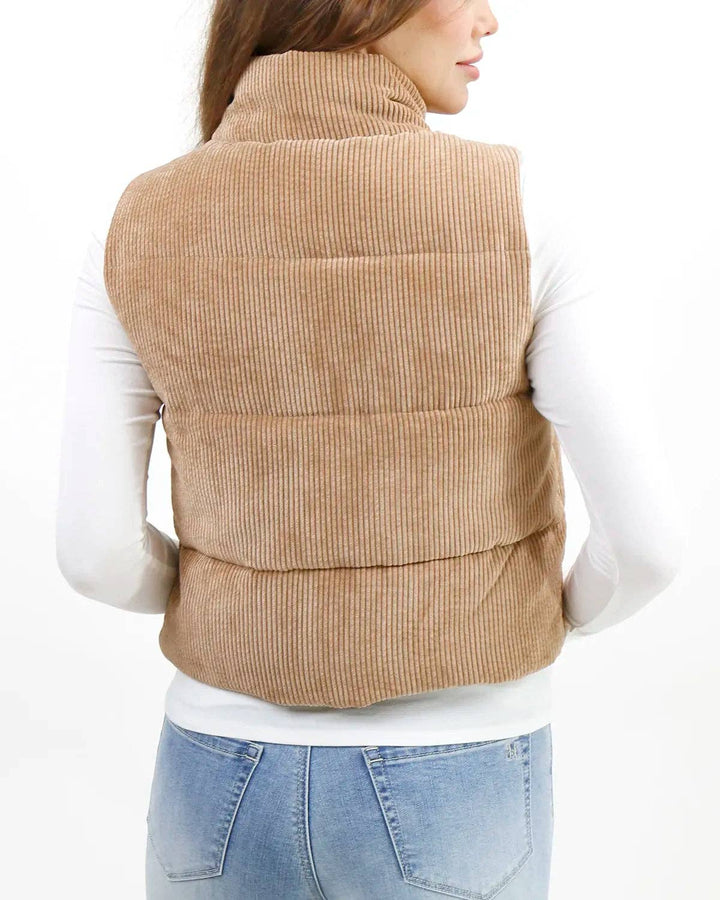 Grace and Lace Corduroy Puffer Vest in Camel