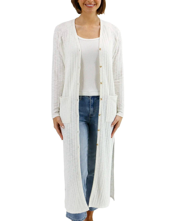 Ribbed Long Duster Cardigan in Ivory