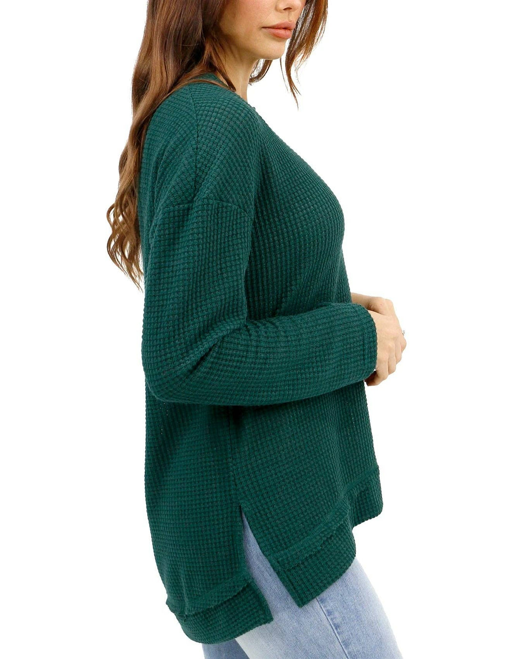 Slouchy Waffle Pullover in Emerald