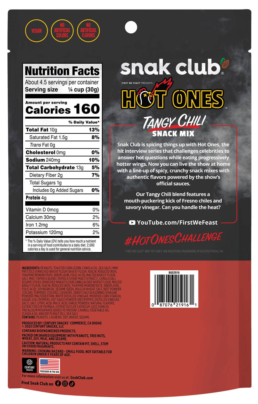 Snak Club Hot Ones Tangy Chili Snack Mix, 4.5oz Bag, 6ct