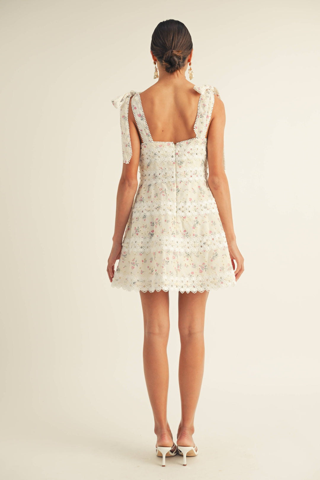 Giada Square Neck Tie Strap Floral Eyelet Mini Dress