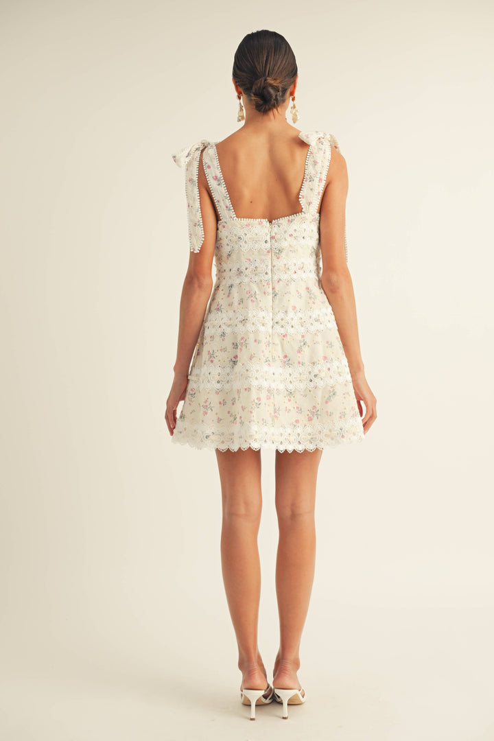 Giada Square Neck Tie Strap Floral Eyelet Mini Dress