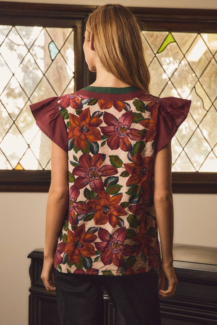 Autumn Muse Botanical Floral Ruffle Sleeve Top