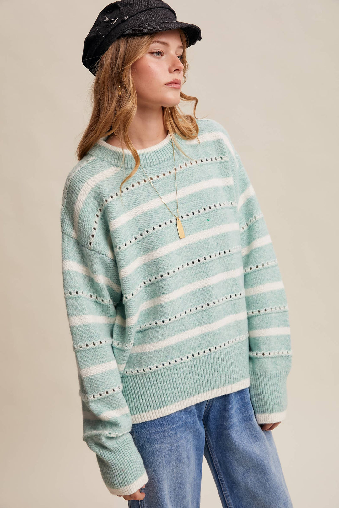 Striped Open-Stitch Pullover Sweater in Light Coral