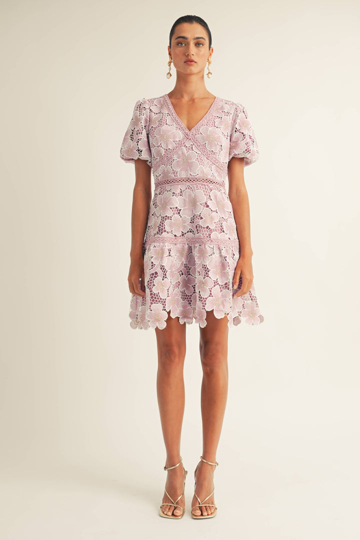 Sarah - Puff Slv Vneck Floral Lace Edged Hem Mini Dress