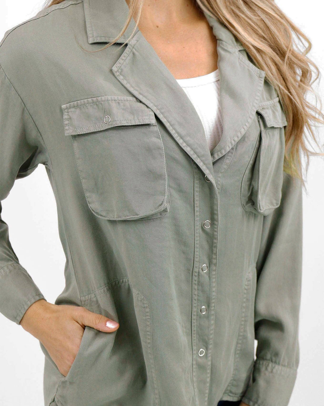 Grace and Lace Tencel™ Lyocell Utility Shirt Jacket in Sage