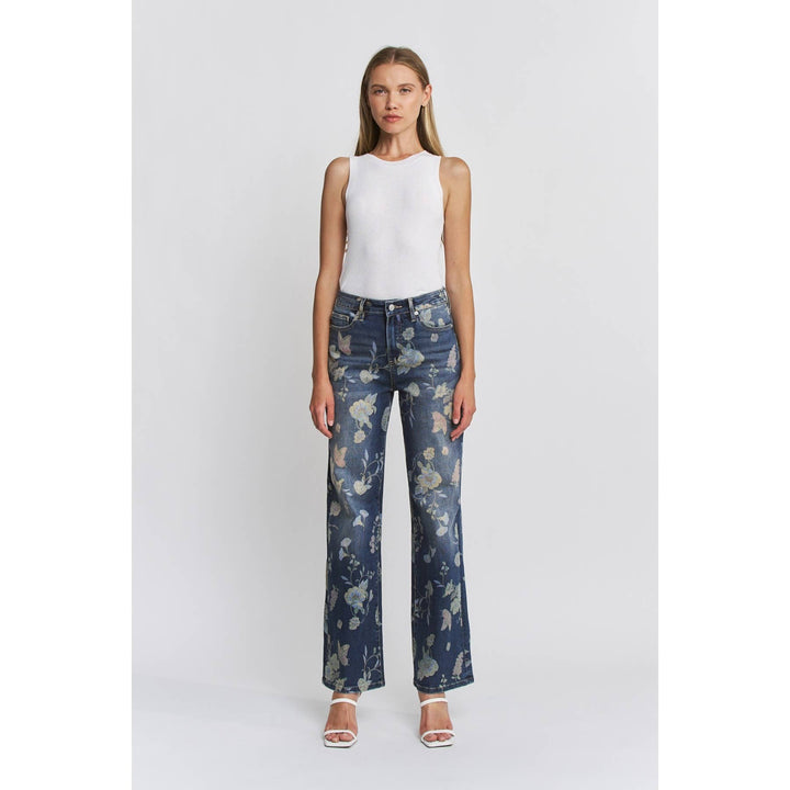 Mica Denim Brand Floral Print Wide Leg High Waist Denim Jeans