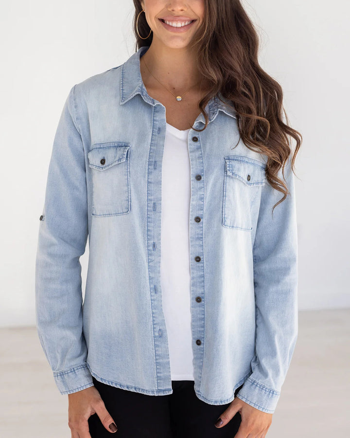 Grace and Lace - Stretch Chambray Button Up - Light-Wash