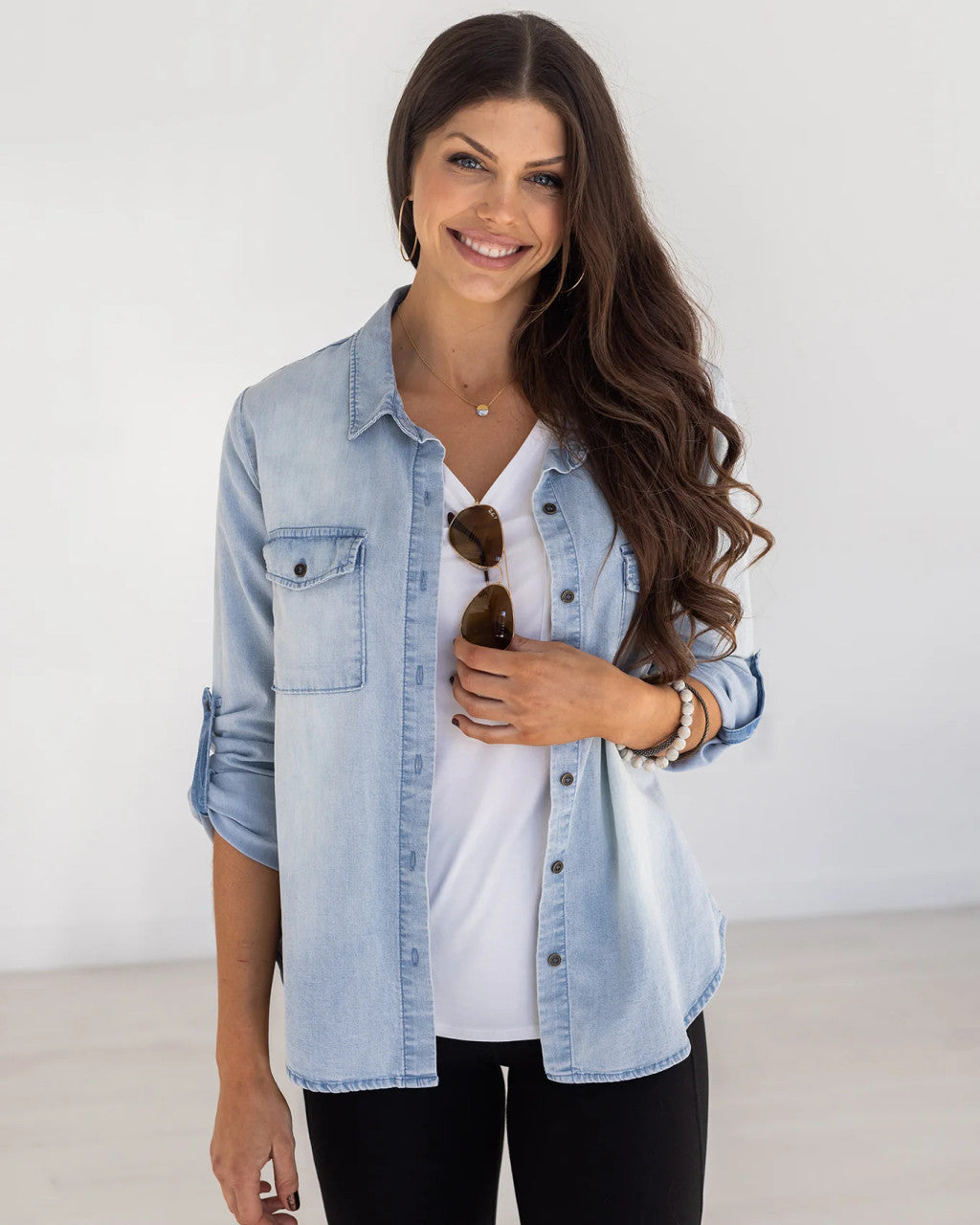 Grace and Lace - Stretch Chambray Button Up - Light-Wash