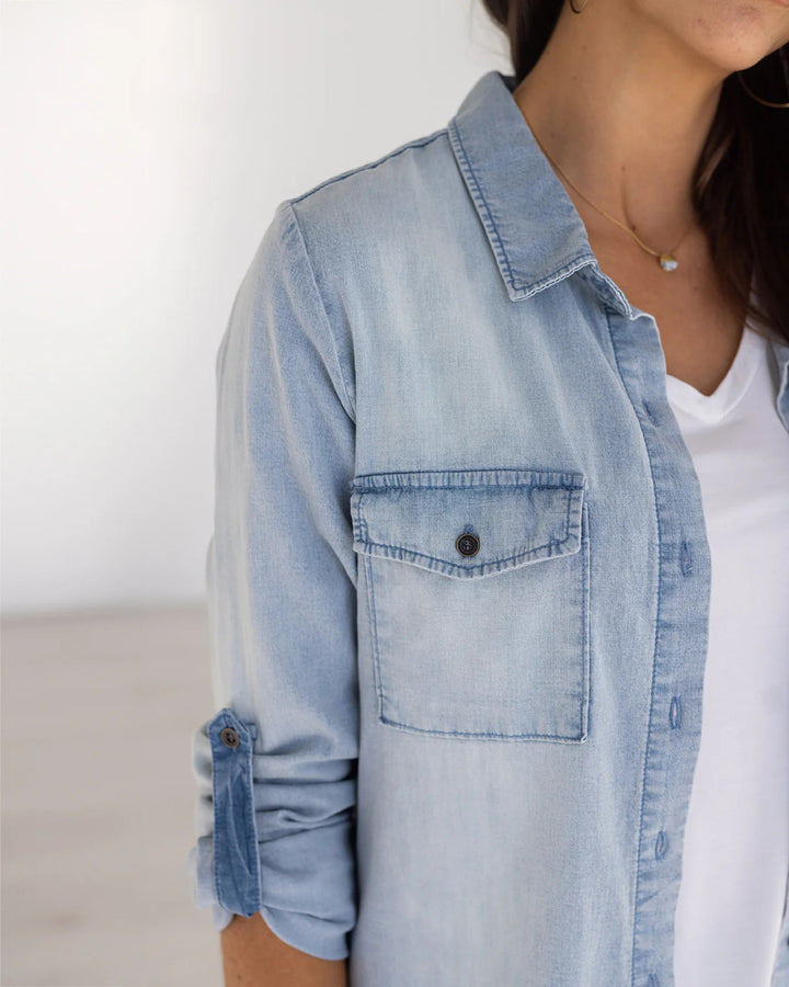 Grace and Lace - Stretch Chambray Button Up - Light-Wash