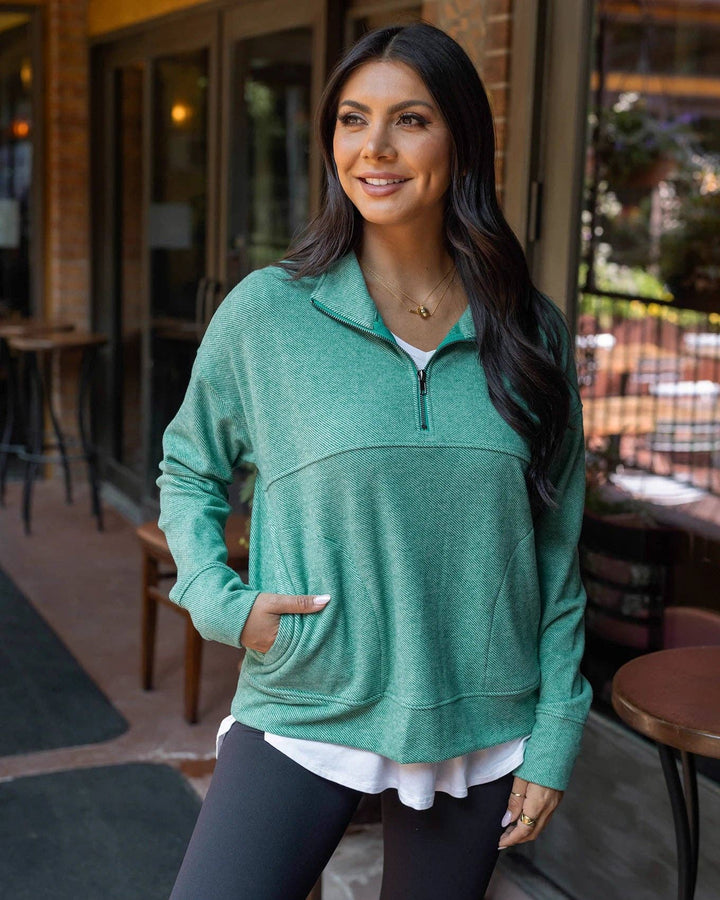 Grace and Lace Cool Day Quarter Zip Pullover in Glade Green