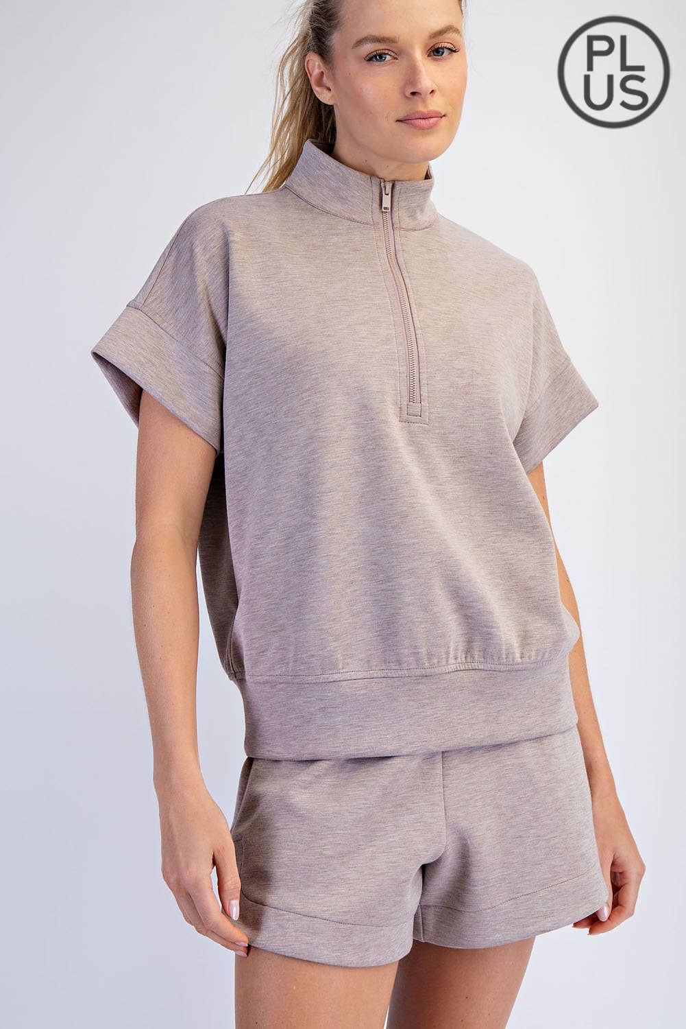 RAE MODE PLUS SIZE MODAL SCUBA QUARTER ZIP SHORT SLEEVE TOP