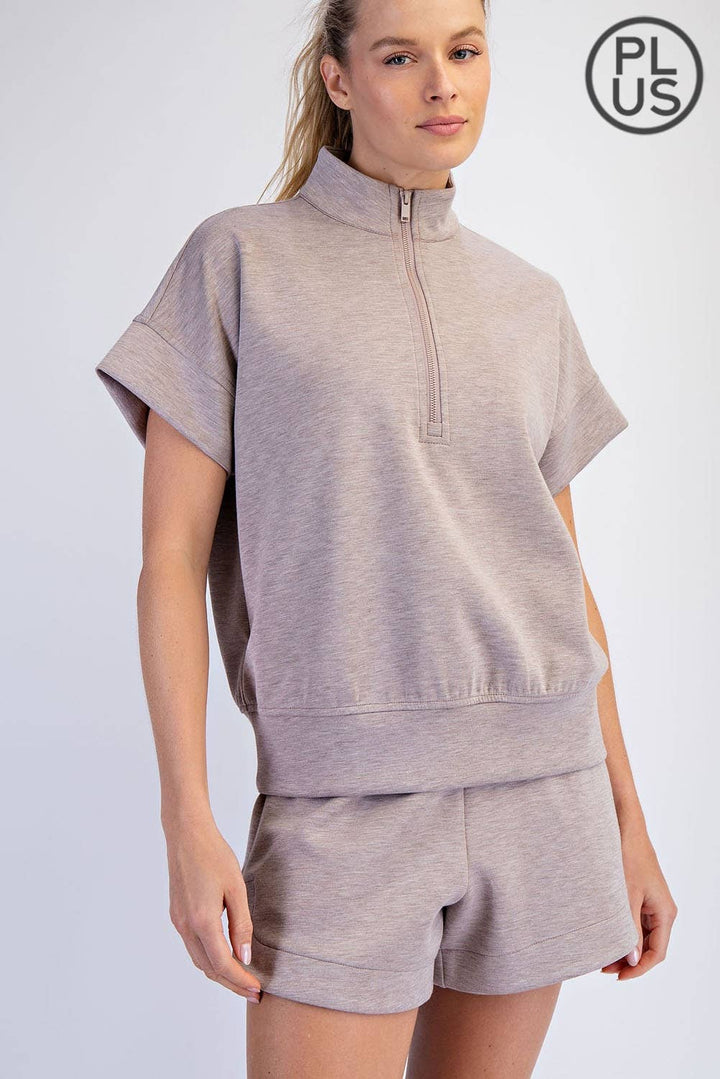 RAE MODE PLUS SIZE MODAL SCUBA QUARTER ZIP SHORT SLEEVE TOP