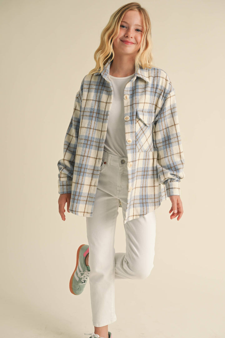 GIRLS BUTTON-UP PLAID SHACKET - Ivory/Lt. Blue