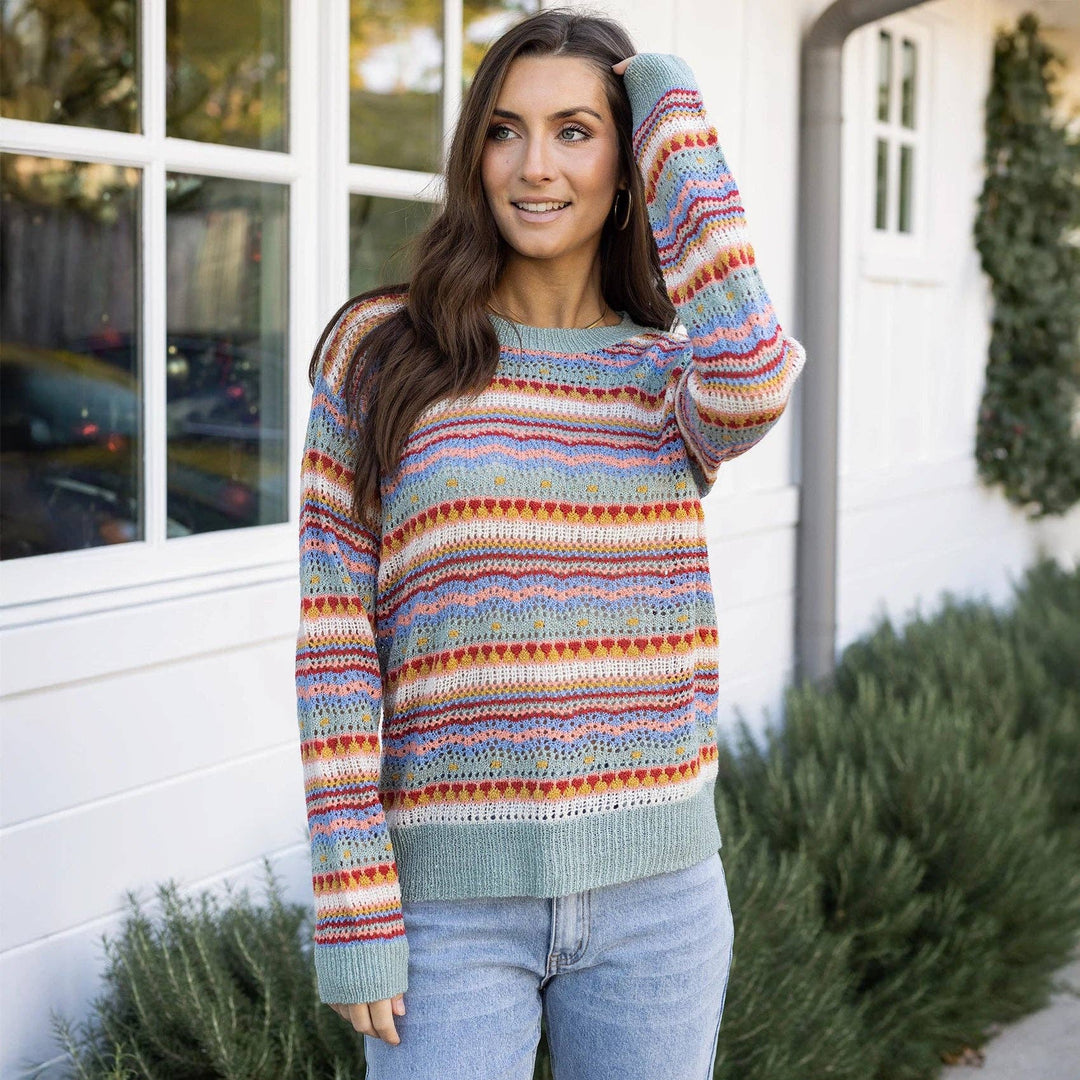 Pointelle Striped Sweater in Multi Earthtone