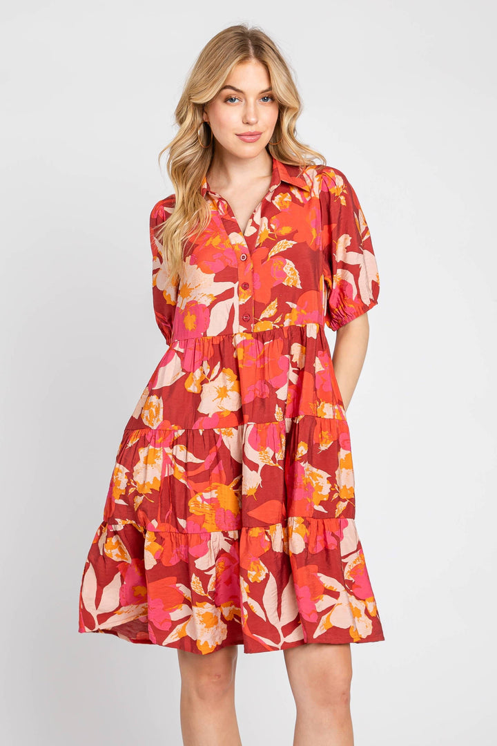 Vibrant Printed Puff Sleeve Tiered Dress